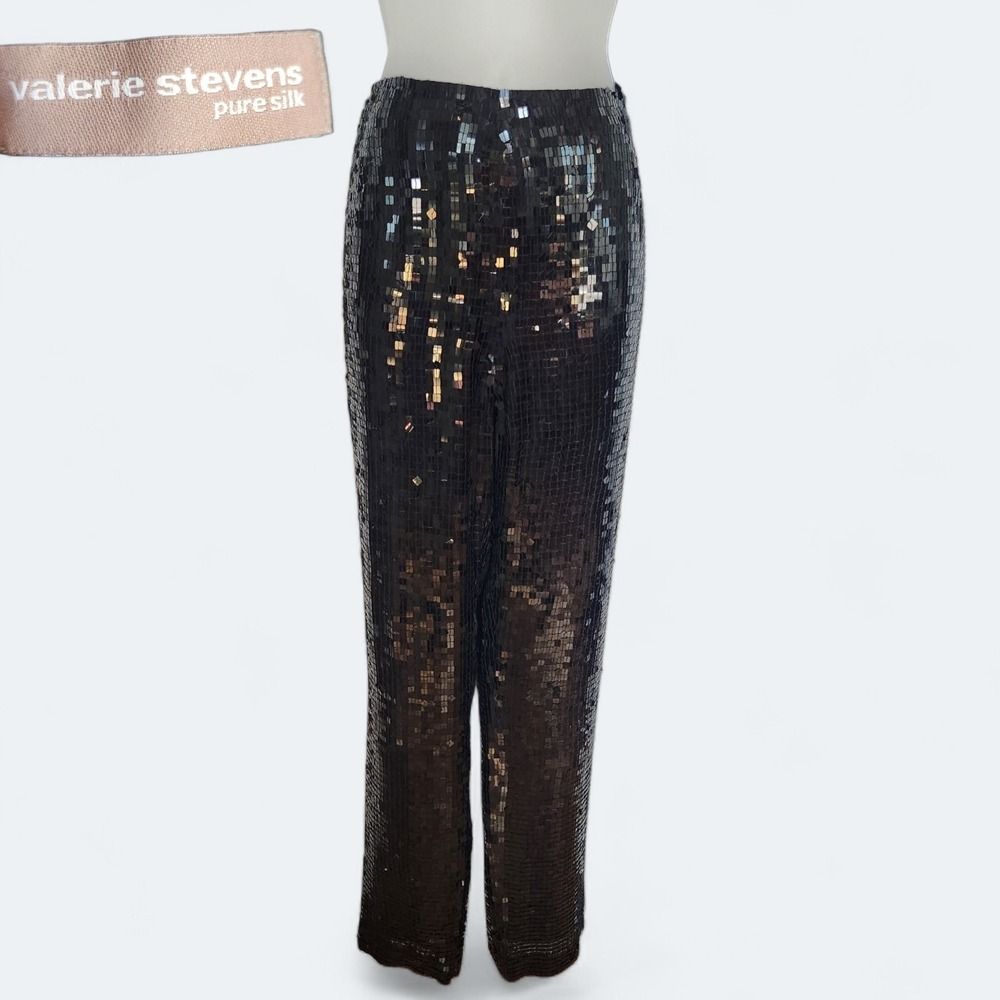 Vintage Y2K Valerie Stevens Women's Size 4 Black Sequin 100% Silk Straight Leg